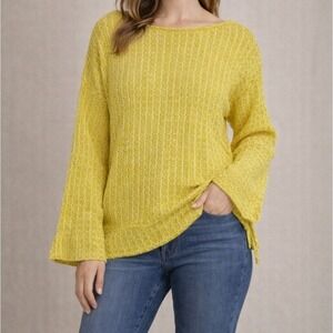 Davi & Dani Waffle Knit Sweater Womens L Yellow Bell Sleeve Boho Boat Neck